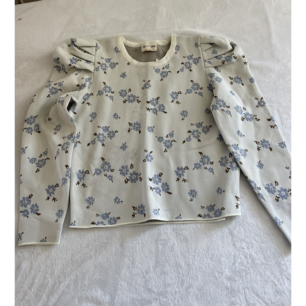 Kiss the Stars Jr Sz‎ XL Jacquard Knit Puff Shoulder Long Sleeve Blouse Sweater